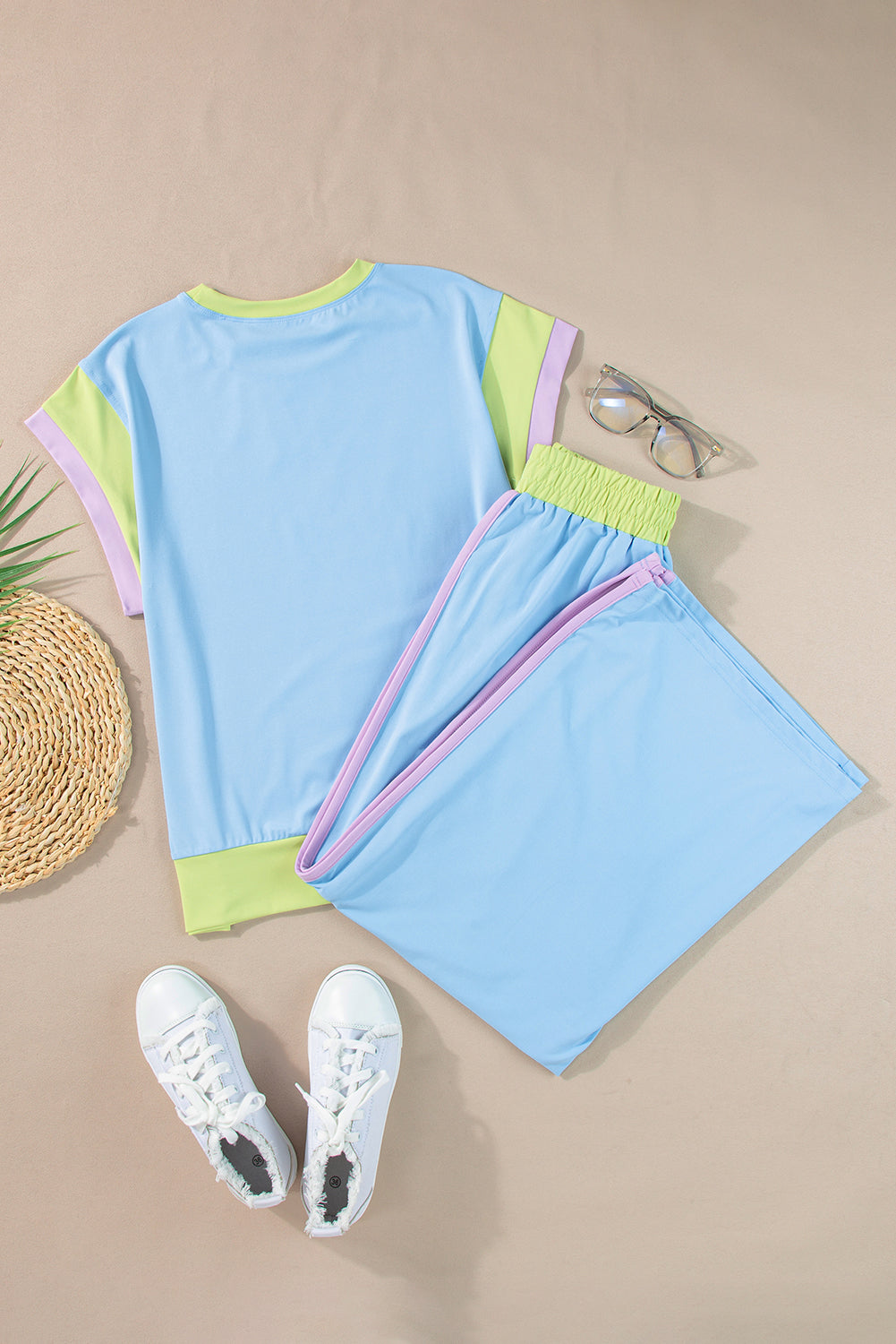 White Color Block Detail Casual Two-piece Set