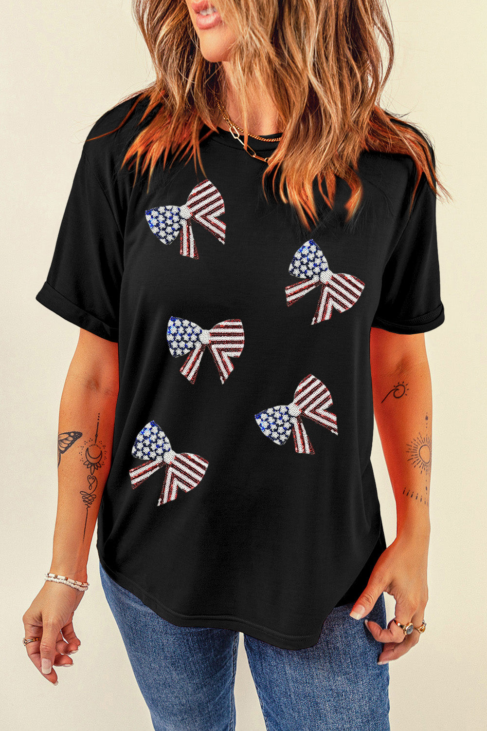 White Sequin American Flag Can Oversized Graphic Tee