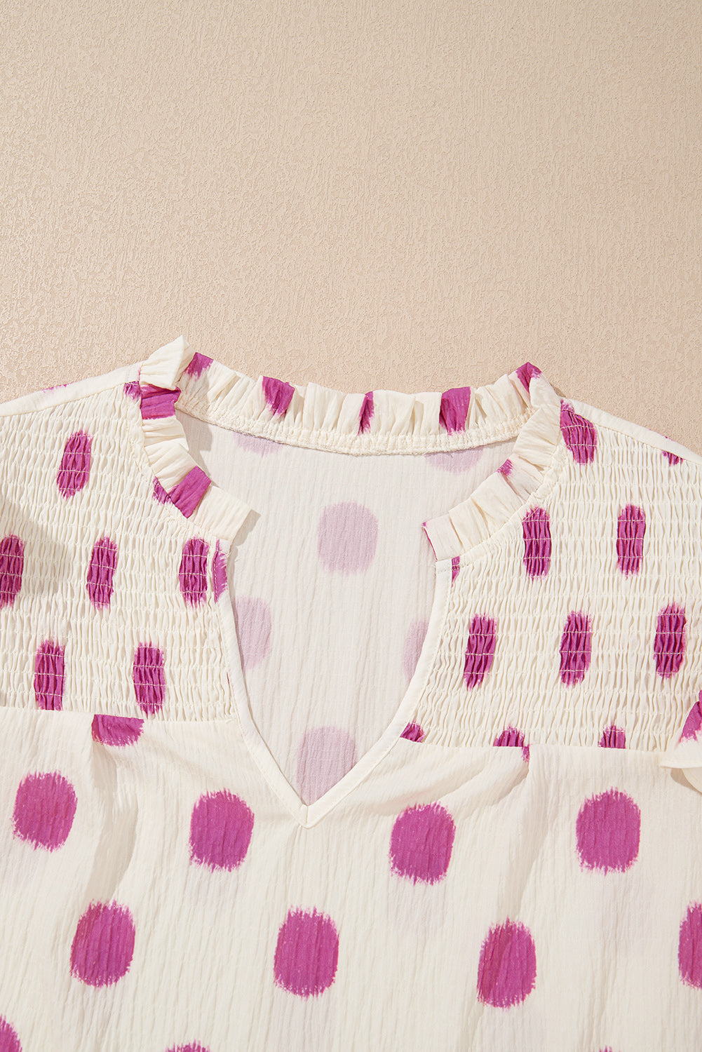 Black Polka Dot Print Shirred Yoke Notched Neck Balloon Sleeve Blouse