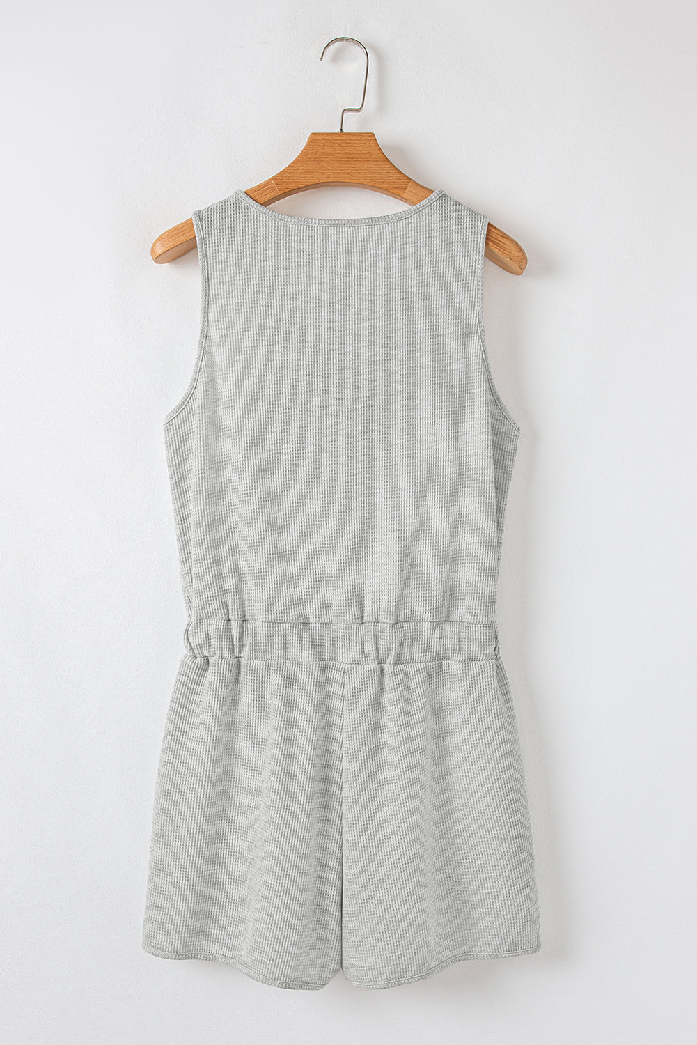 Light Grey Waffle Knit Sleeveless Buttoned Front Drawstring Elastic Waistband Romper