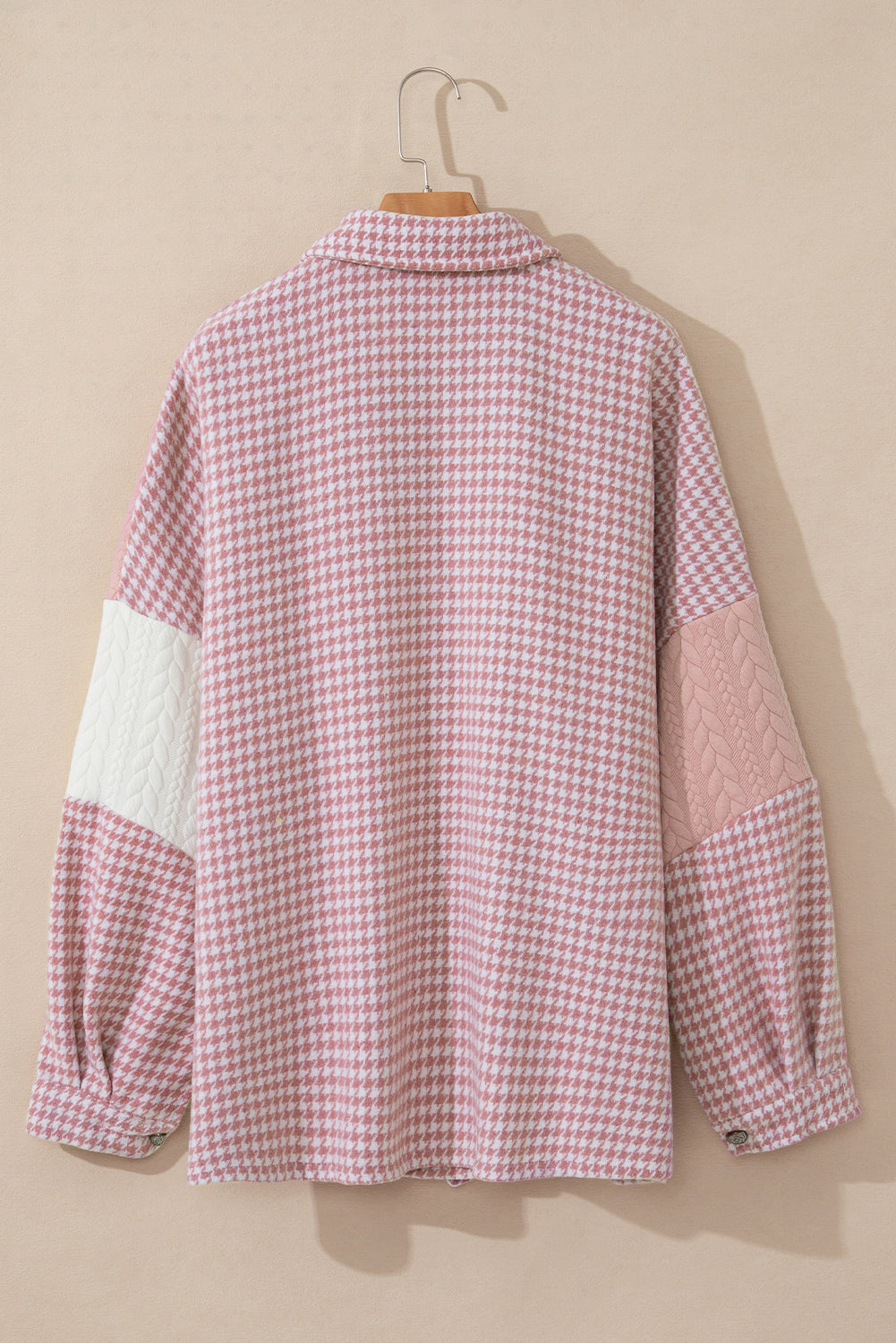 Khaki Houndstooth Color Contrast Textured Patchwork Loose Shacket