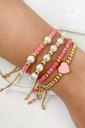Pink Polyhedral Pearl Golden Beads Adjustable String 4pcs Bracelet Set