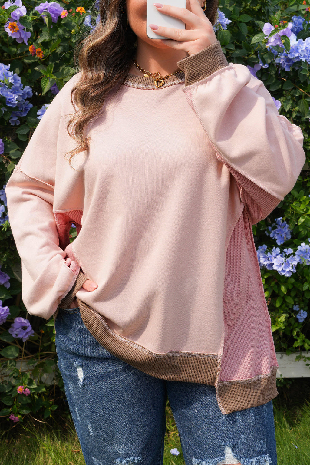 Light Pink Color Block Mix Texture Waffle Patchwork Oversize Sweatshirt