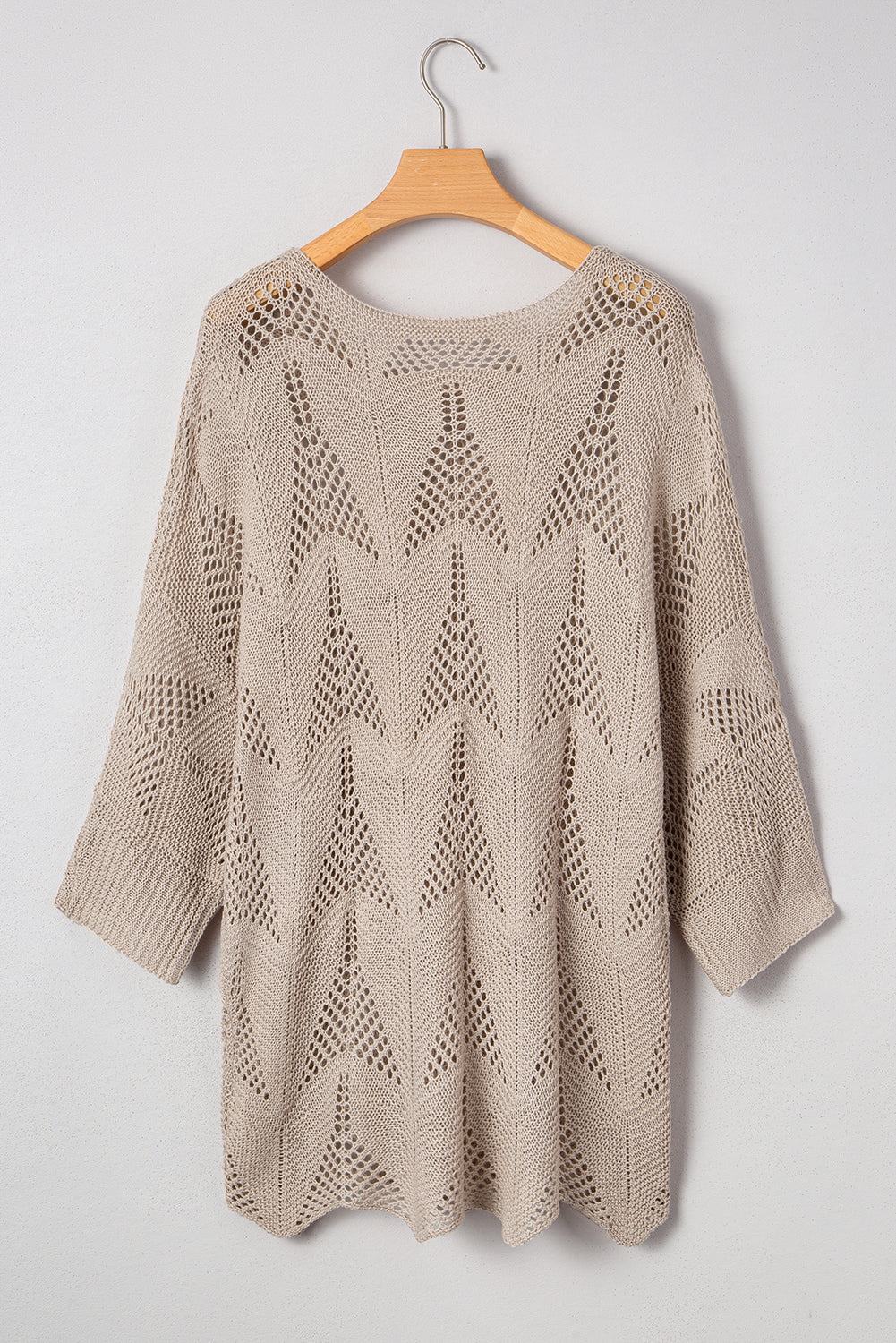 Navy Blue Hollow Out Knit 7/8 Sleeve Casual Sweater