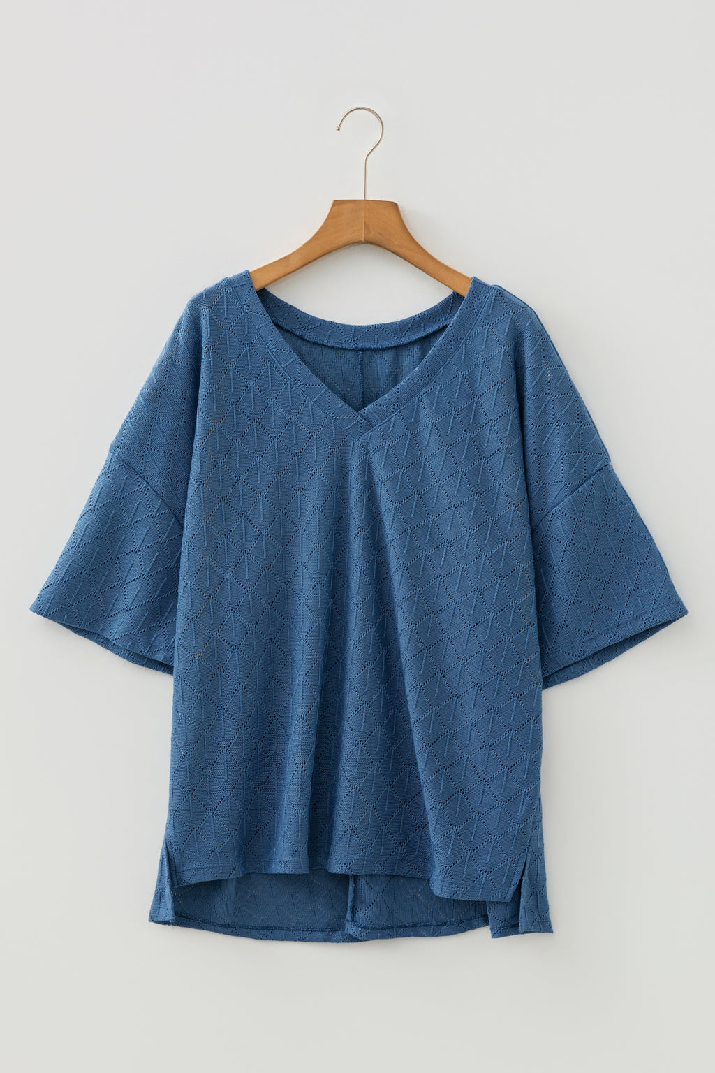 White Pointelle Rhombus Knit Plus Size V Neck Loose Top