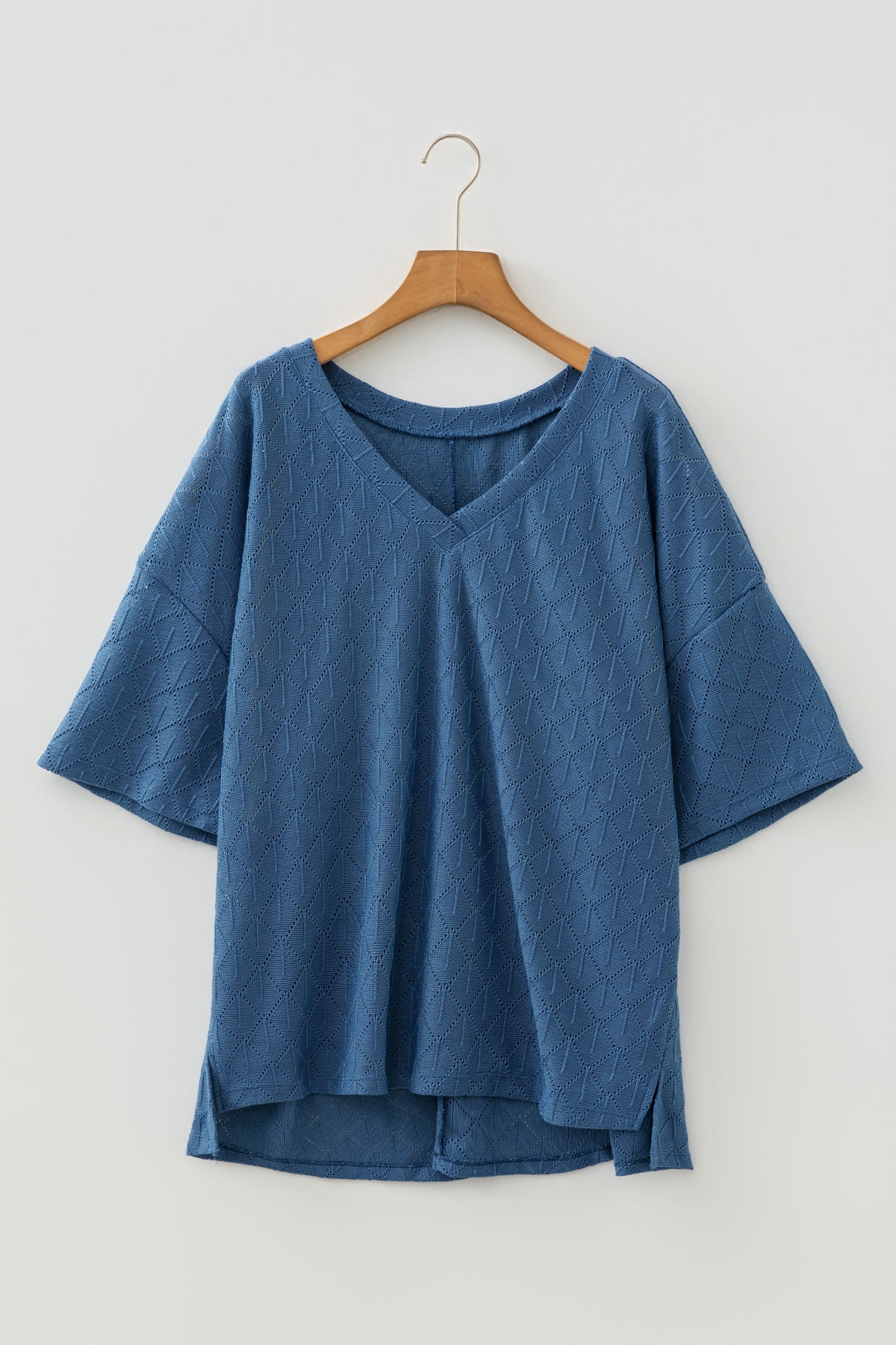 White Pointelle Rhombus Knit Plus Size V Neck Loose Top