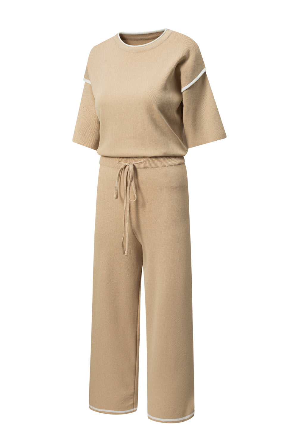 Blackish Green Contrast Trim Half Sleeve Top Drawstring Pants Loose 2pcs Sweater Suit