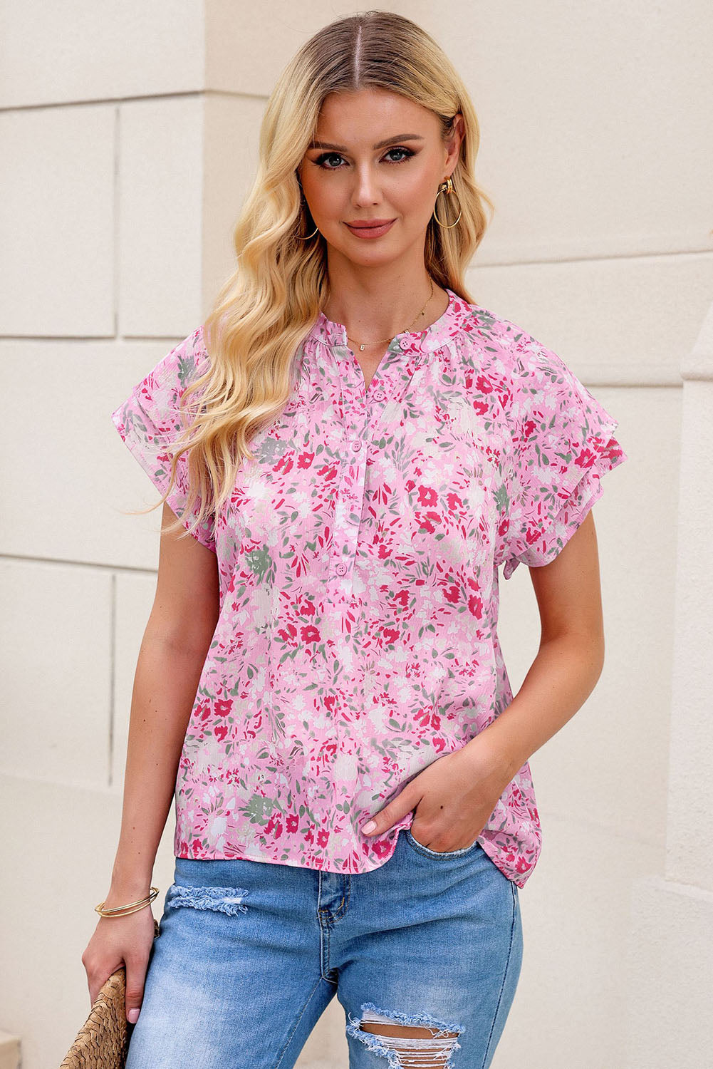 Multicolor Floral Print Wide Ruffle Sleeves Blouse