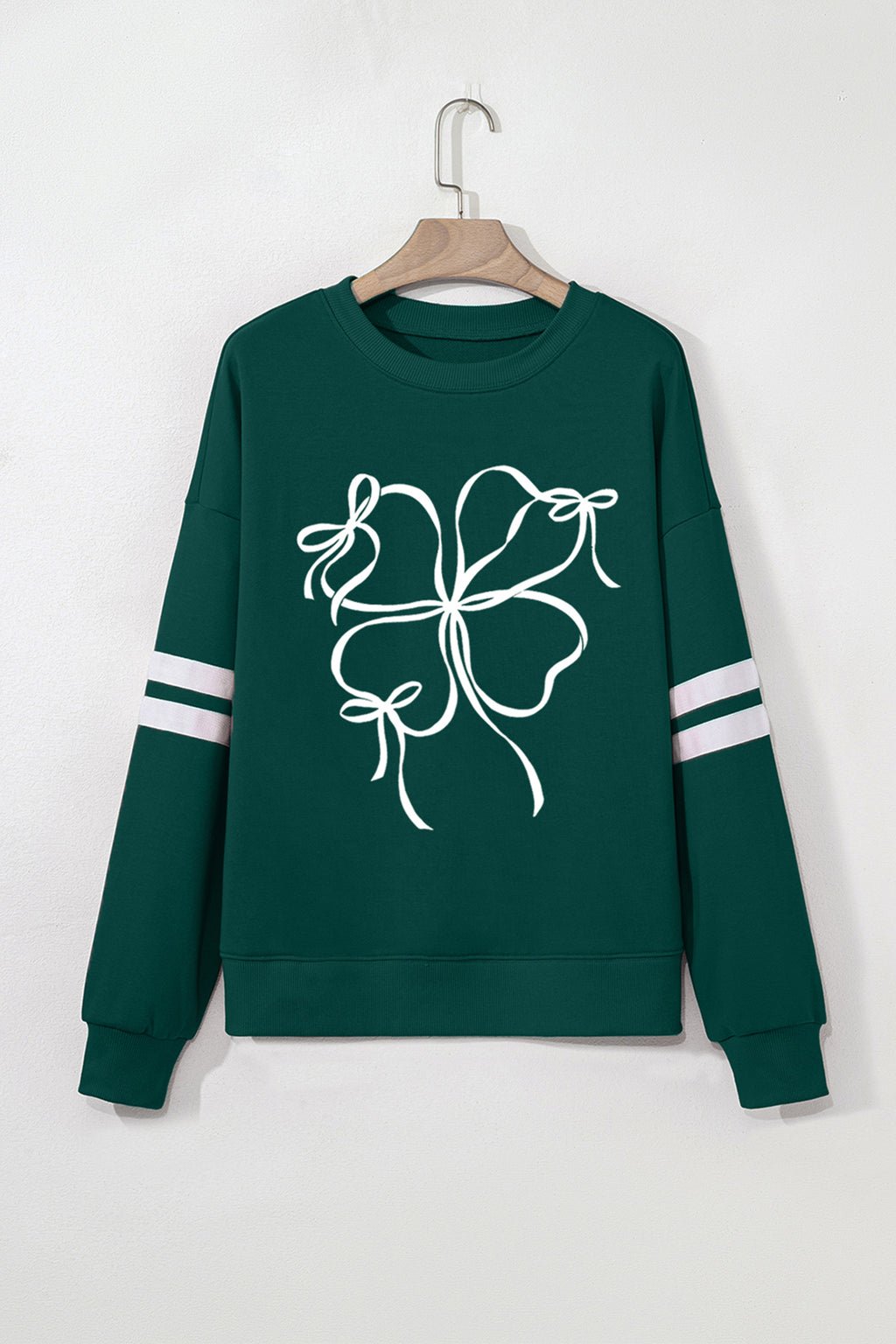 Evergreen Ribbon Bow Lucky Clover Varsity Striped Sleeve Casual Sweatshirt