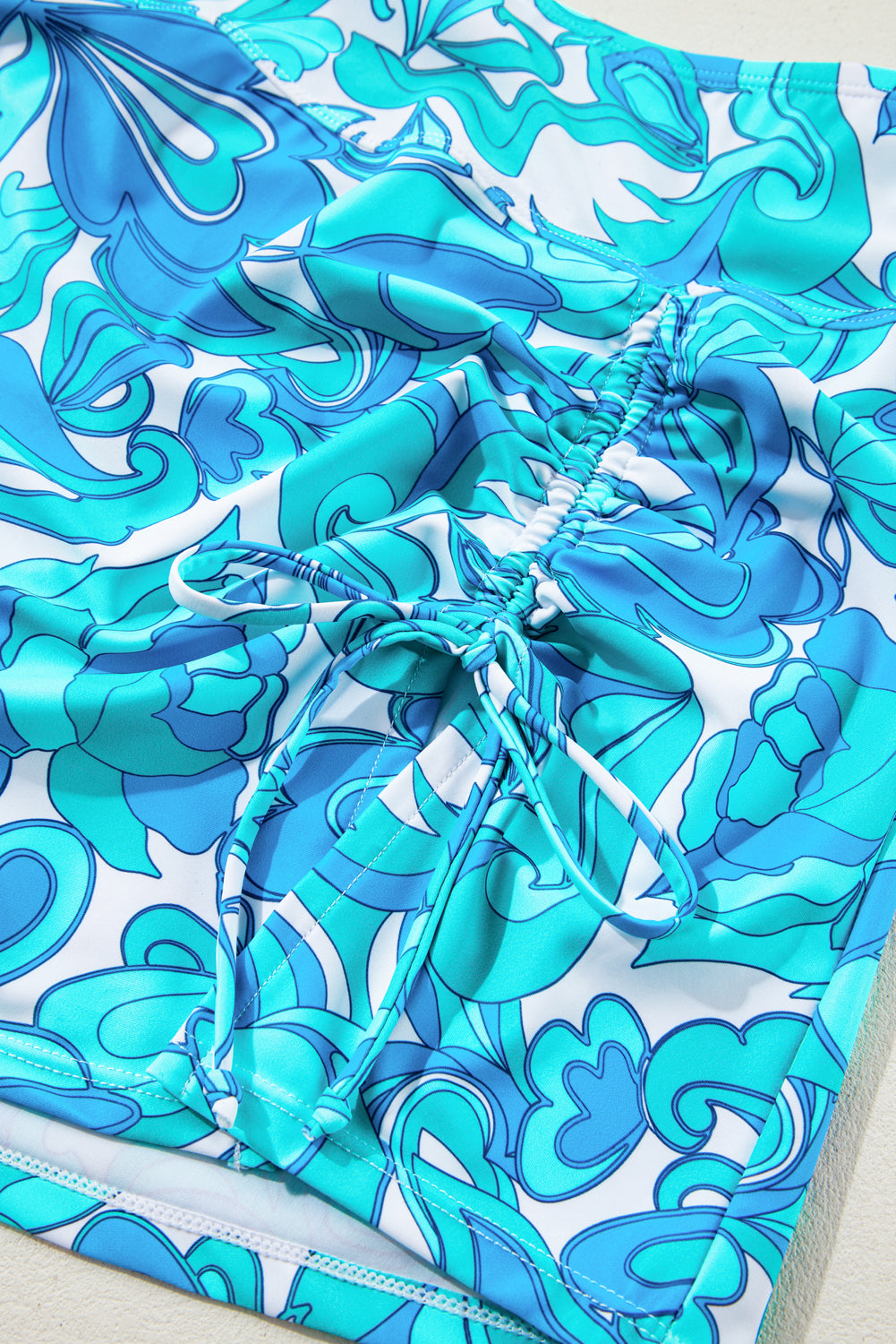 Sky Blue Floral Crossover Tie Back Halter Bikini with Swim Bottoms
