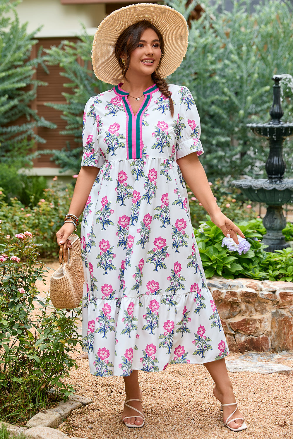 White Floral Puff Short Sleeve V Neck High Waist Maxi Dress