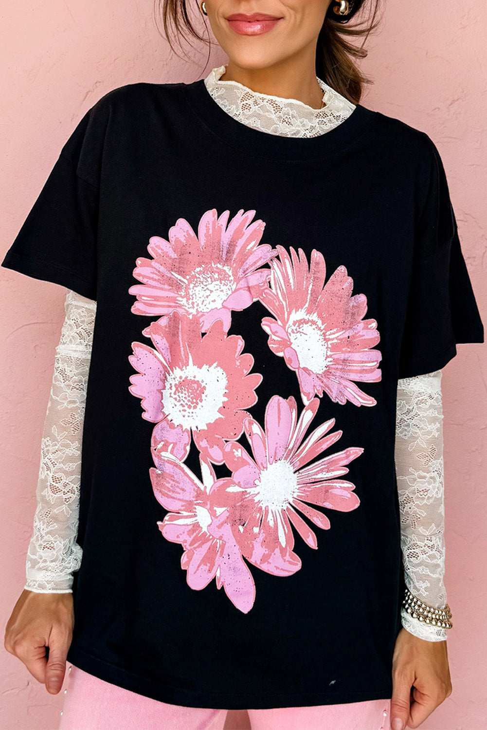 Black Pink Daisy Flower Printed Cotton Blend T Shirt