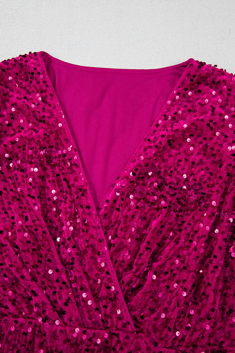 Pitaya Pink Velvet Sequin Long Sleeve V Neck Wrapped Mini Dress
