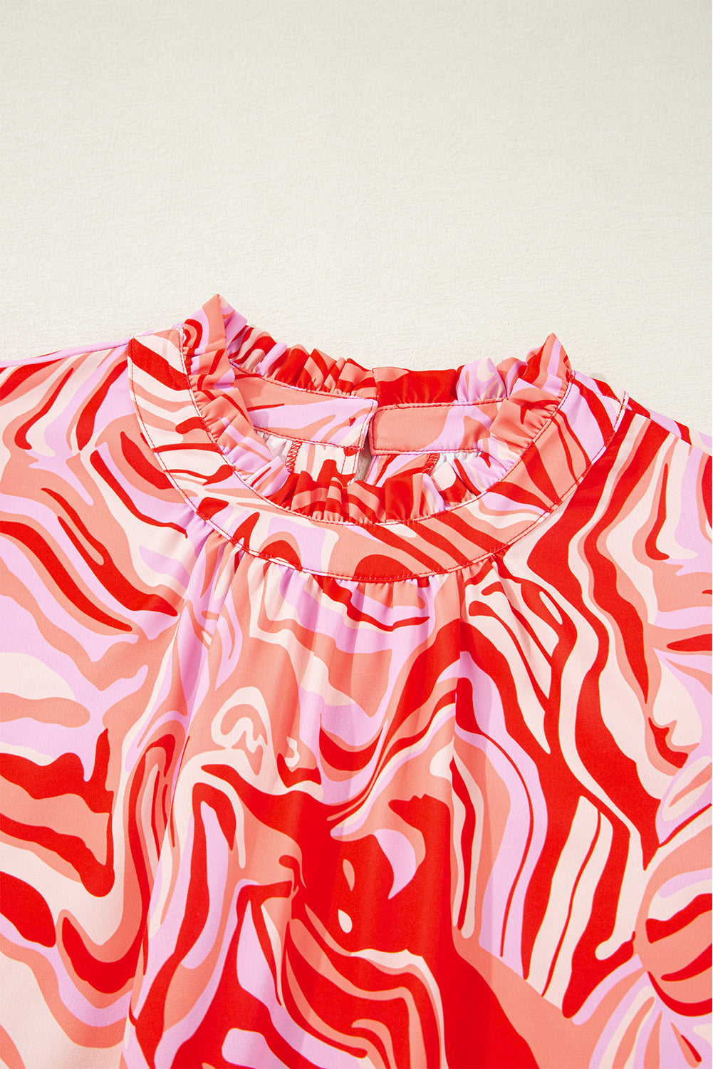 Red Abstract Print Ruffled Short Sleeve Mock Neck Blouse
