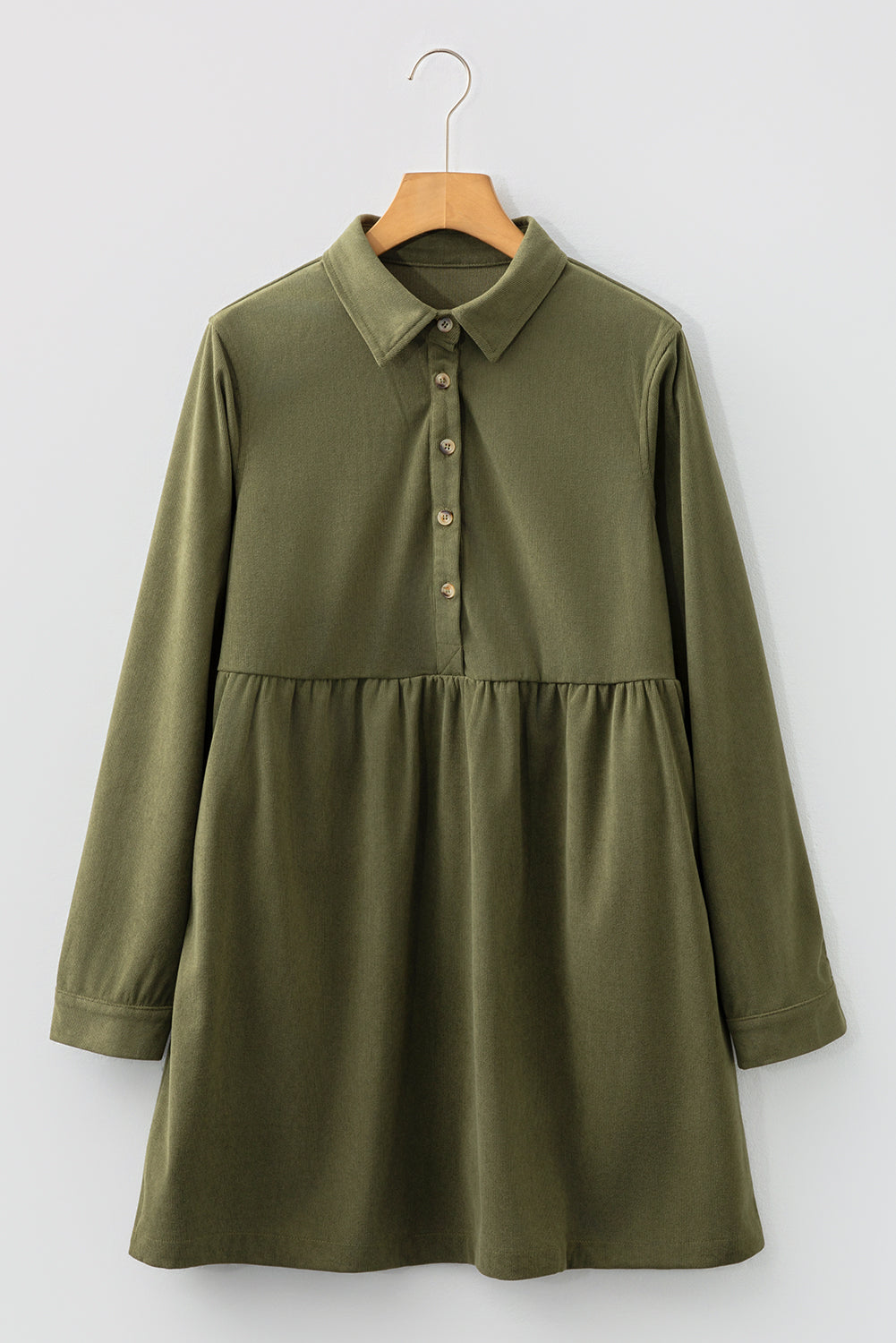 Black Corduroy Half Button Collared Long Sleeve Mini Dress