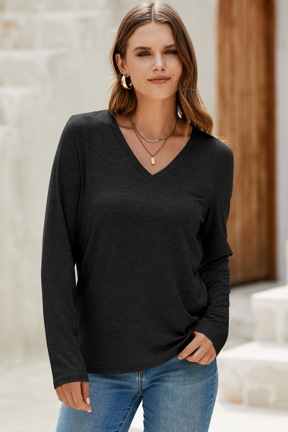 Grass Green Solid Color V Neck Long Sleeve Stretchy Top
