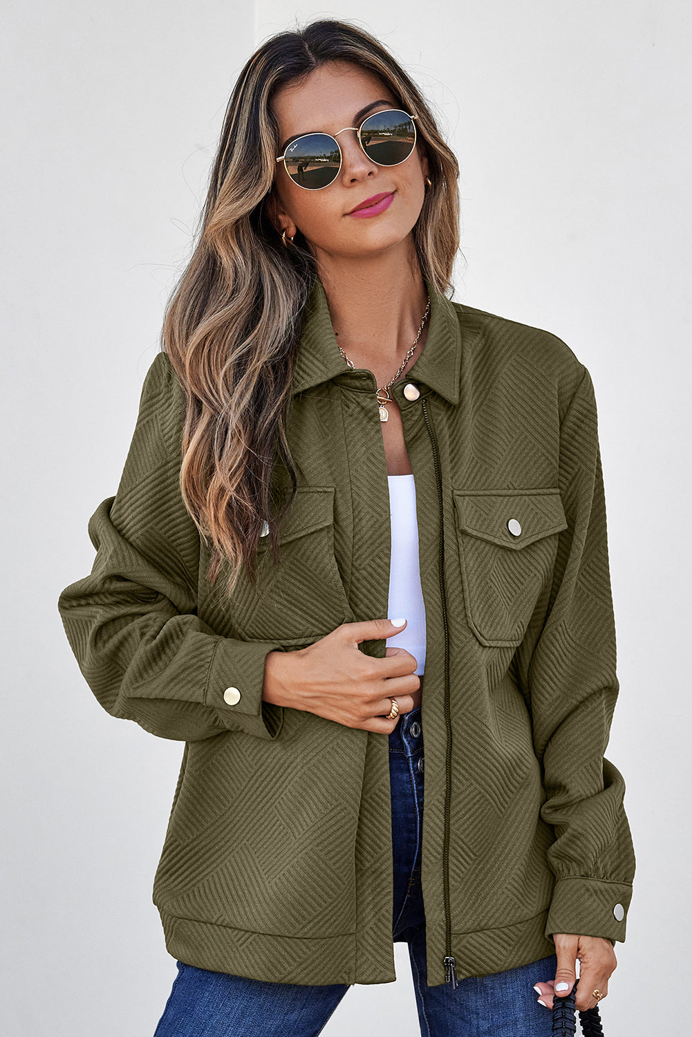 Coffee Solid Color Zip Up Button Flap Pocket Shirt Collar Jackets