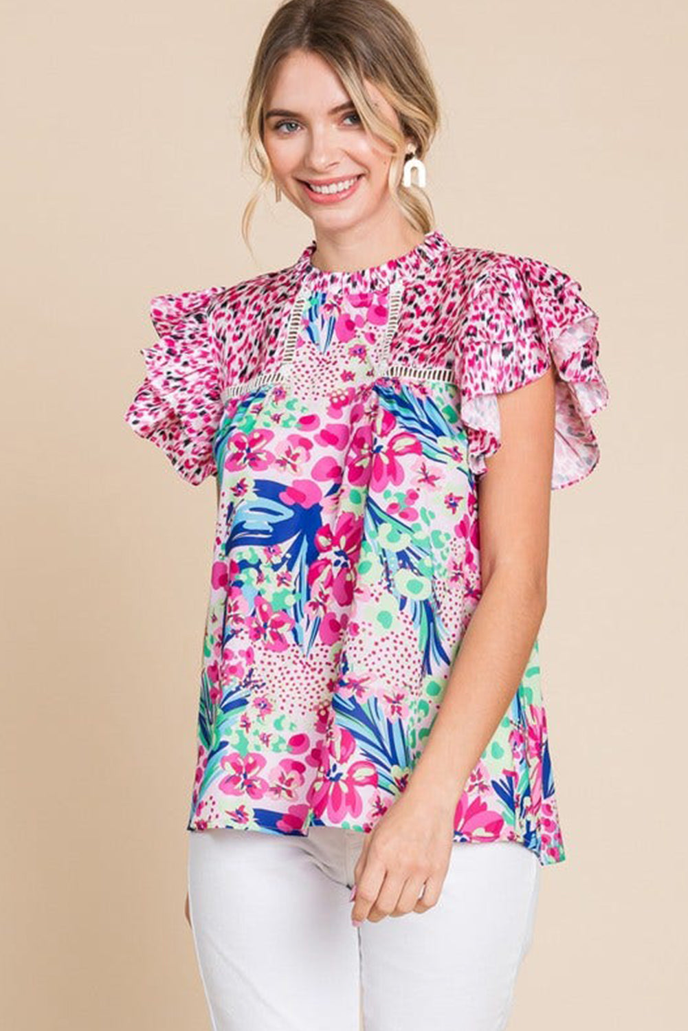Red Floral Mixed Print Ruffle Cap Sleeve Blouse