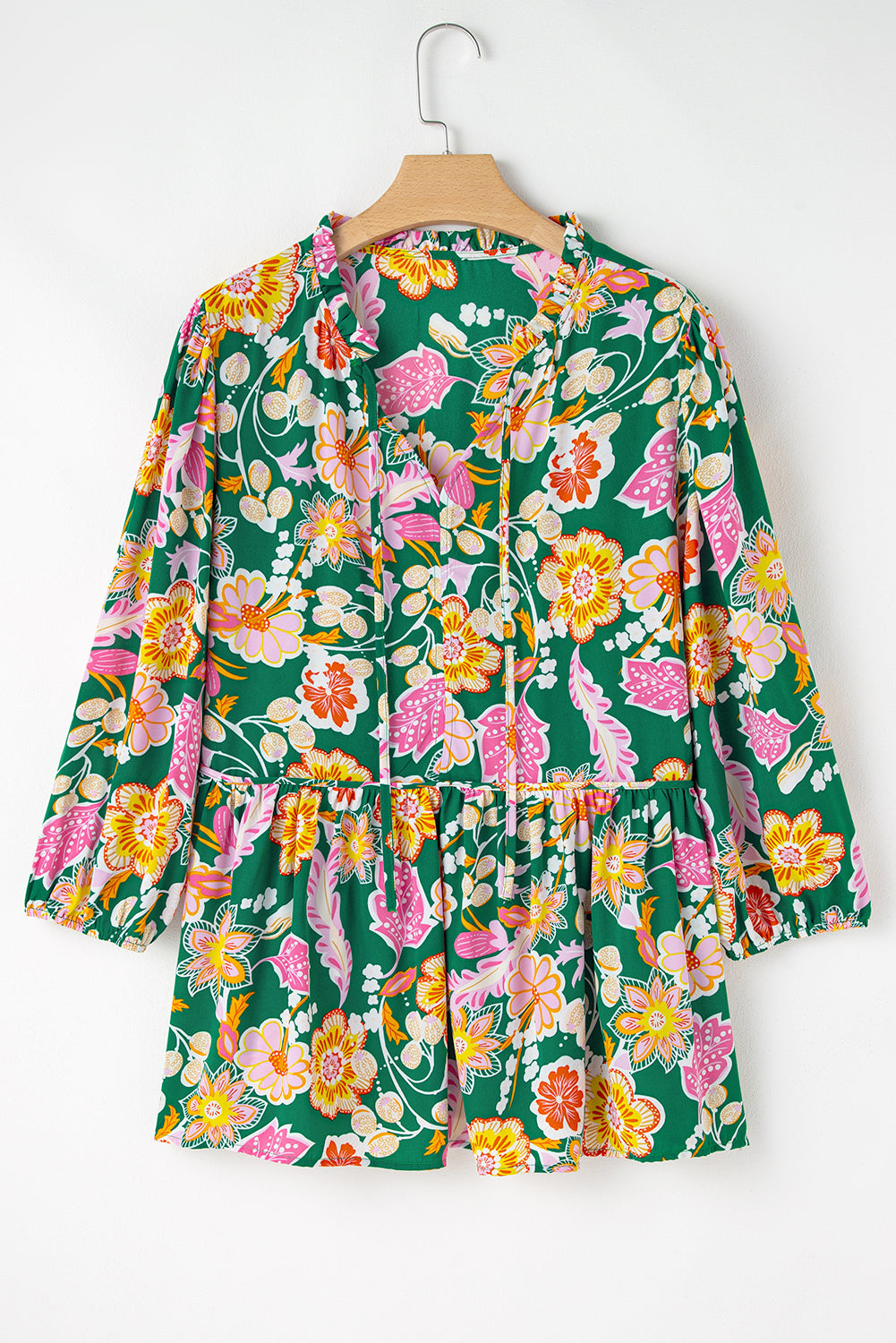 Green Floral Puff Sleeve V Neck Peplum Blouse