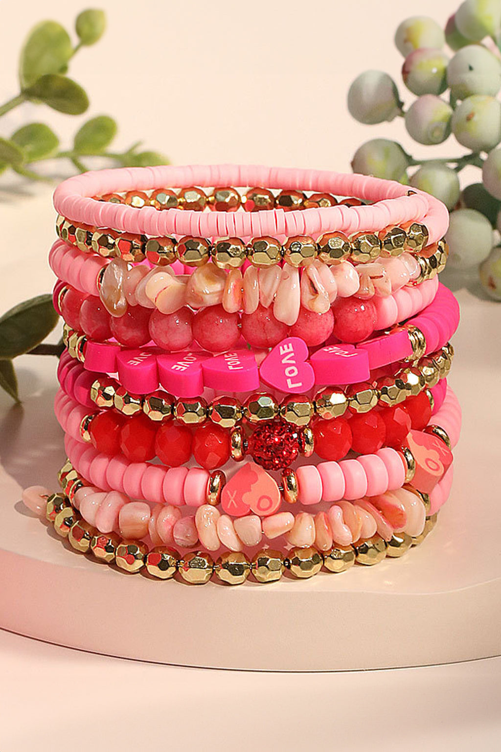 Rose Red 10pcs Polymer Clay Crystal Bead Valentines Heart Multilayer Bracelet Set