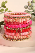 Rose Red 10pcs Polymer Clay Crystal Bead Valentines Heart Multilayer Bracelet Set