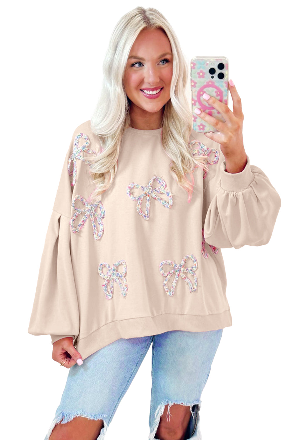 Light Pink Embroidered Bow Lantern Sleeve Oversized Pullover Sweatshirt