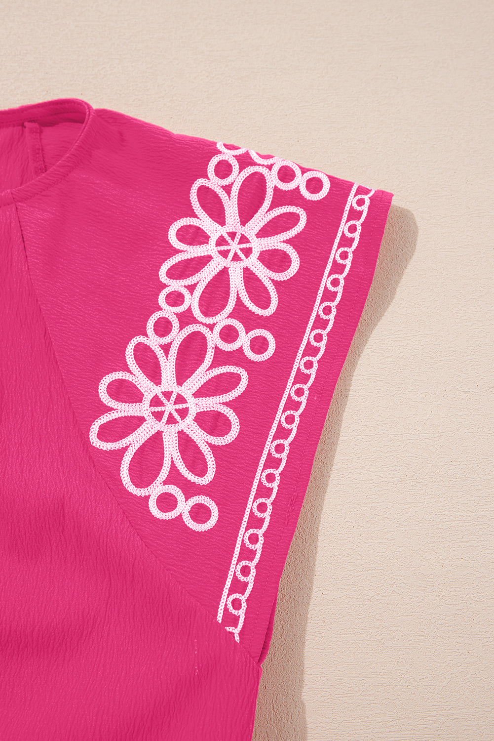 Strawberry Pink Floral Embroidered Flutter Sleeve Pleated O Neck Plus Size Blouse