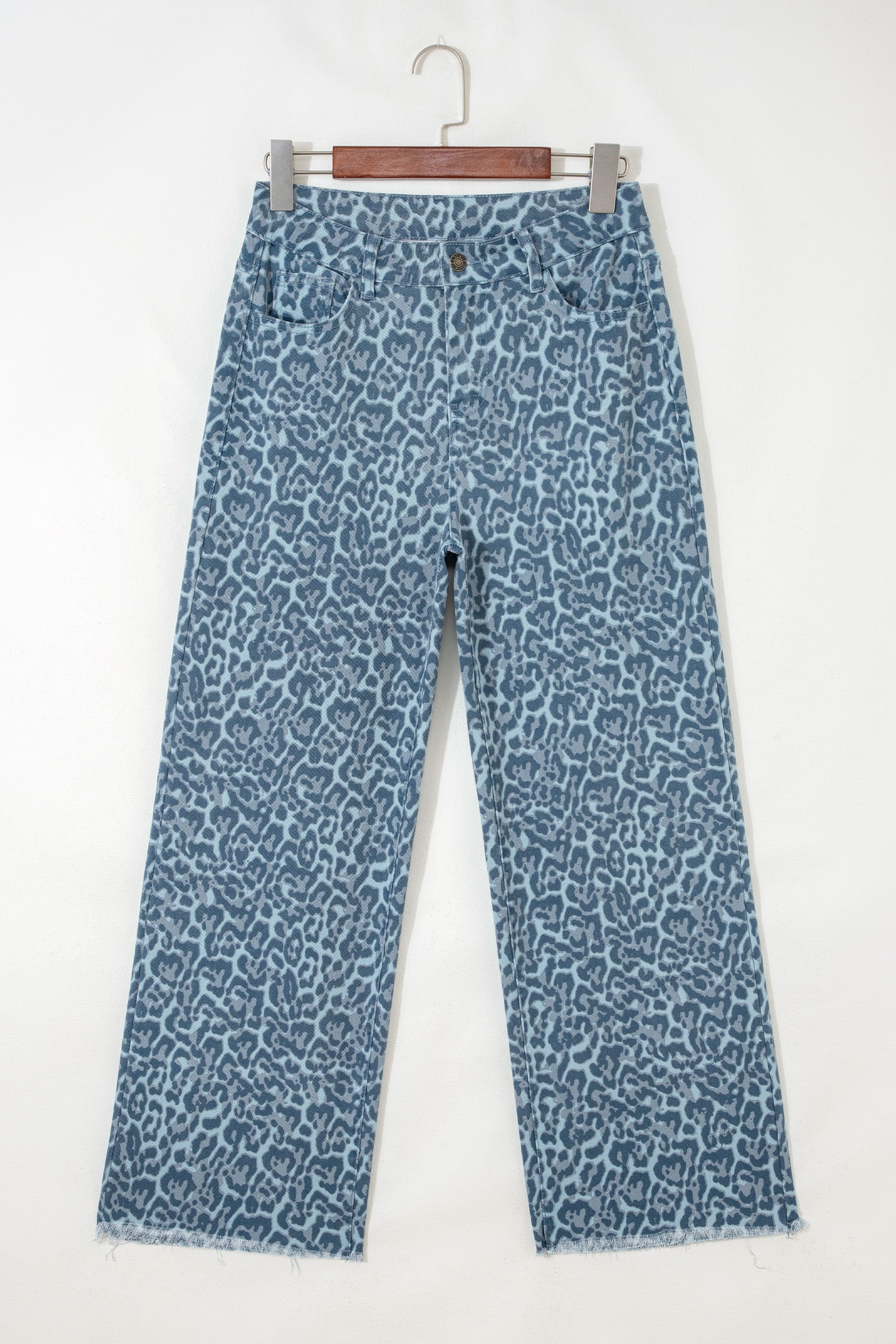 Rose Leopard Frayed Edge Wide Leg High Waist Jeans
