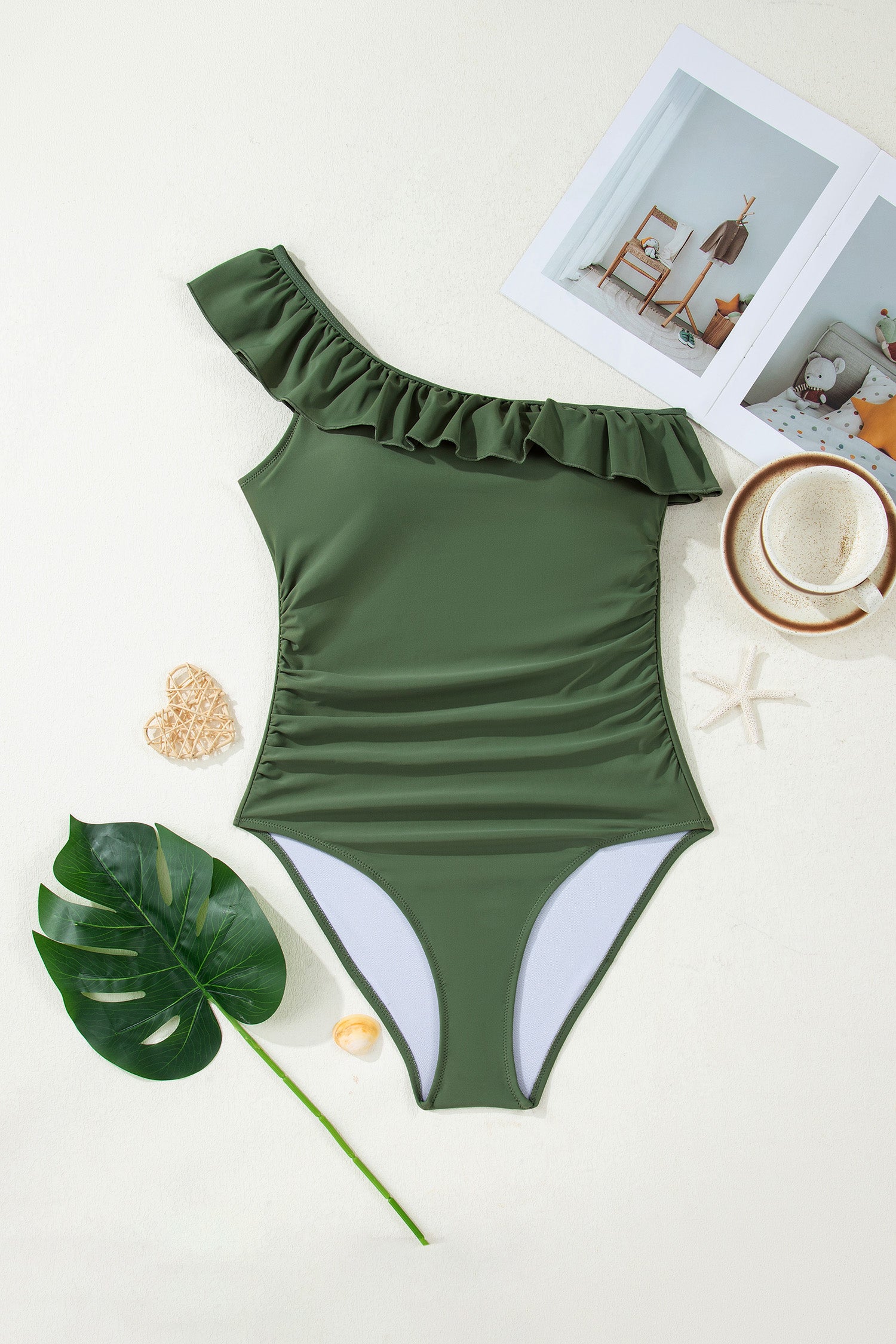 Skobeloff Solid Color Ruffle Trim Asymmetric Neck One Piece Swimsuit