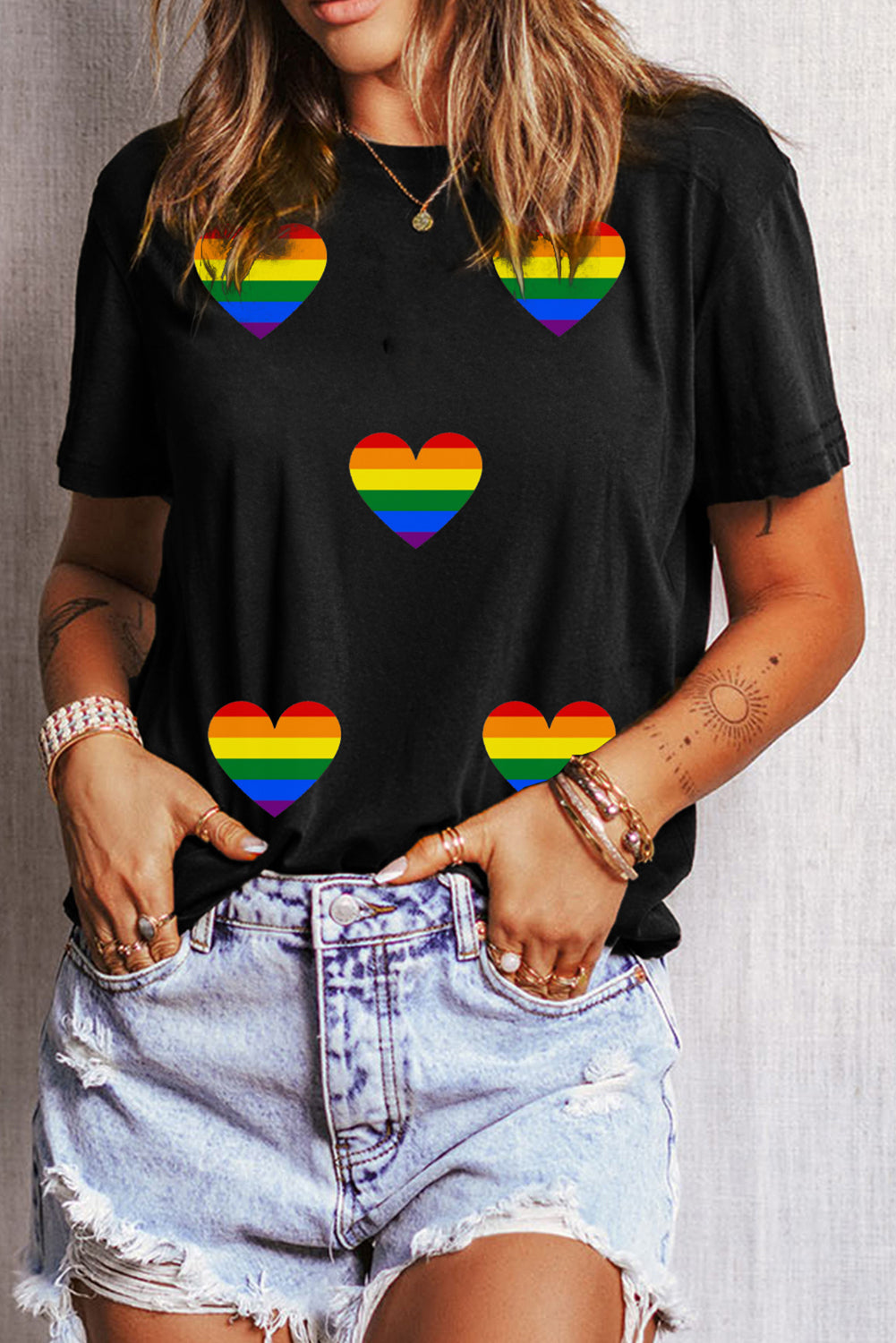 Black Heart Print Crew Neck Chic T Shirt