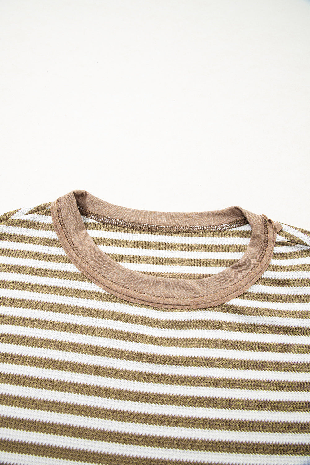 Dearlovers Green Stripe Thermal Knit Drop Shoulder Casual Top