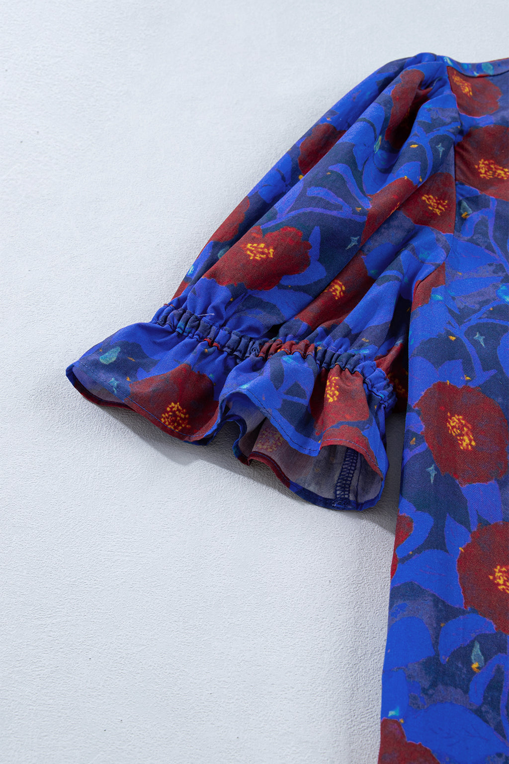 Blue Ruffled Short Balloon Sleeve Frilled V Neck Floral Blouse