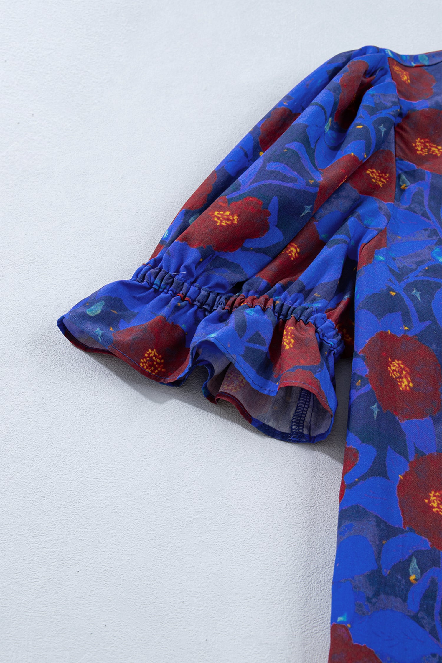Blue Ruffled Short Balloon Sleeve Frilled V Neck Floral Blouse