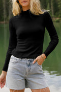 Black Ribbed Knit Lettuce Trim High Neck Long Sleeve Top