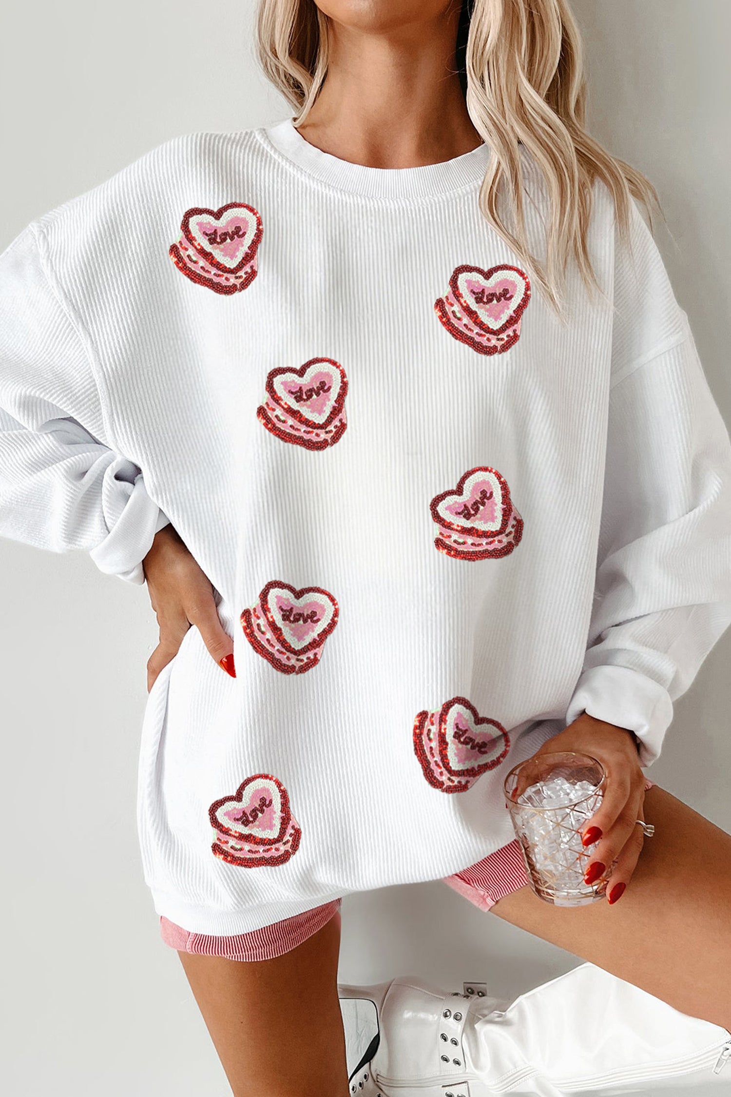White Sequin Love Heart Pattern Corded Valentines Sweatshirt