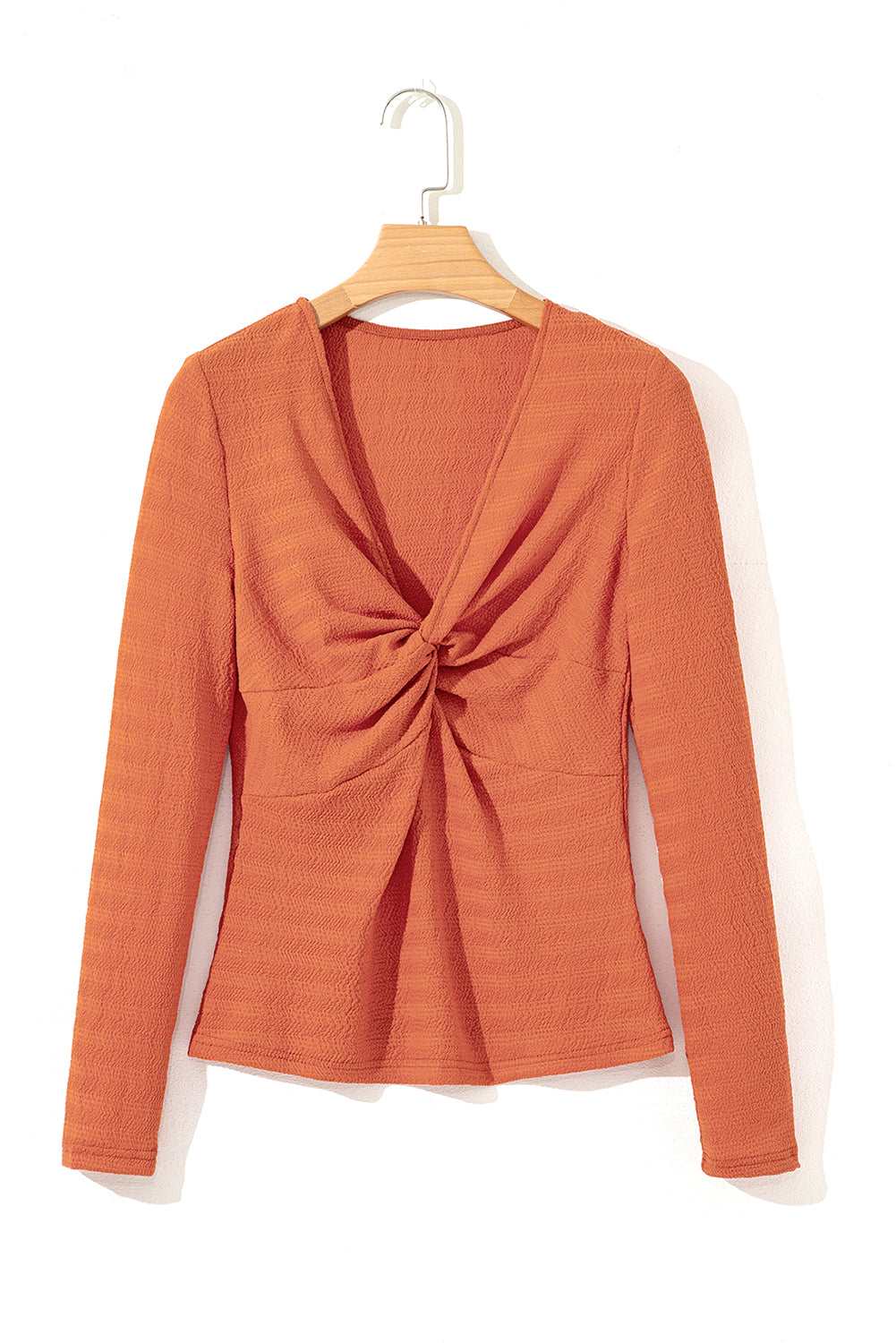 Moonlight Jade Textured Twist Front V Neck Long Sleeve Slim Solid Color Top