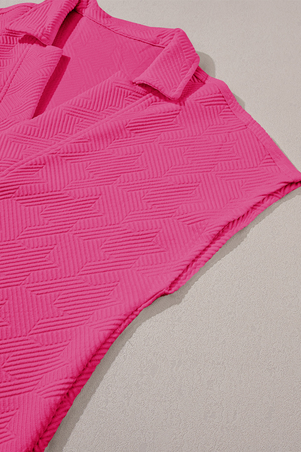 Rose Red Textured V Neck Collared Short Sleeve Top