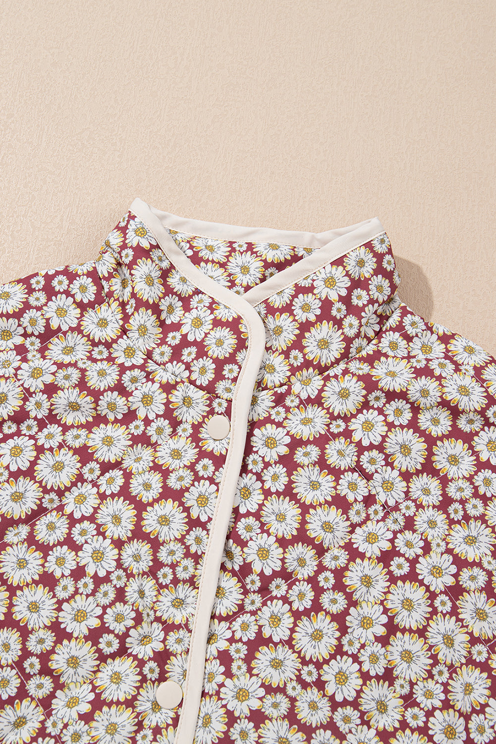 Pink Floral Print Contrast Edge Pocketed Stand Neck Jacket