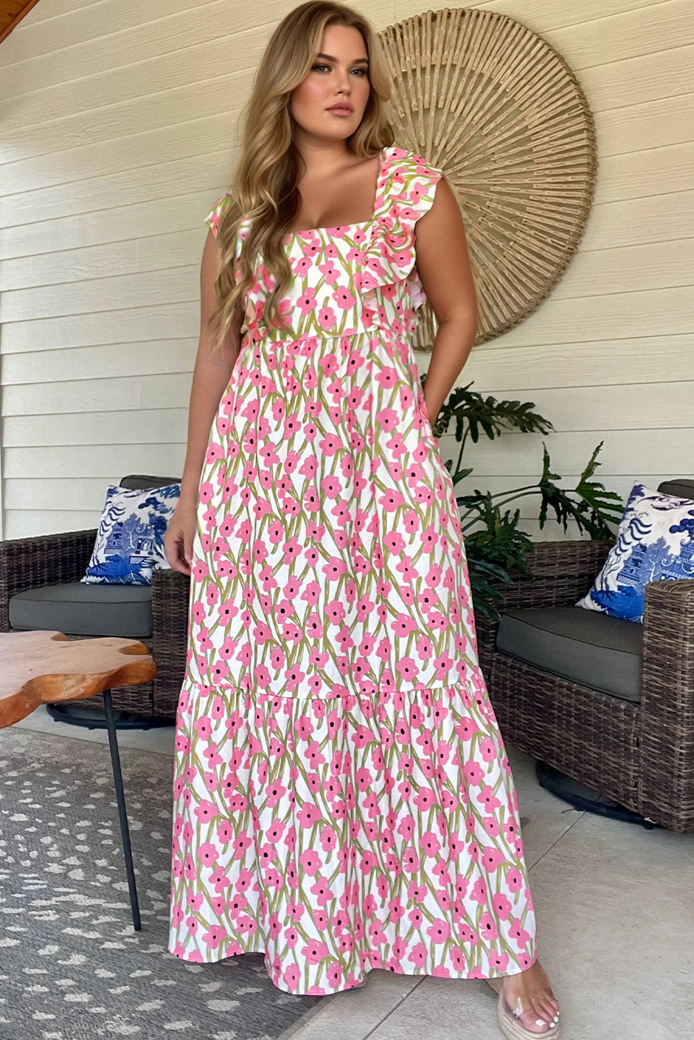 Blue Floral Print Square Neck Ruffled Strap Maxi Dress