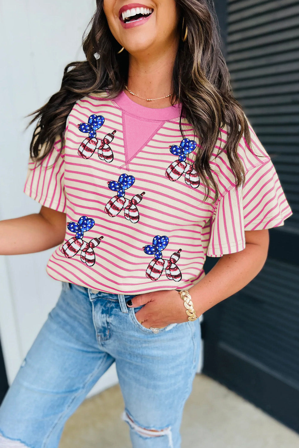 Bright Green Contrast Detail Striped Ruffle Short Sleeve Top