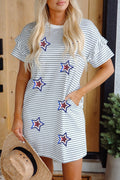 White Stripe Sequin USA Flag Star Graphic Ruffled Short Sleeve Mini Dress