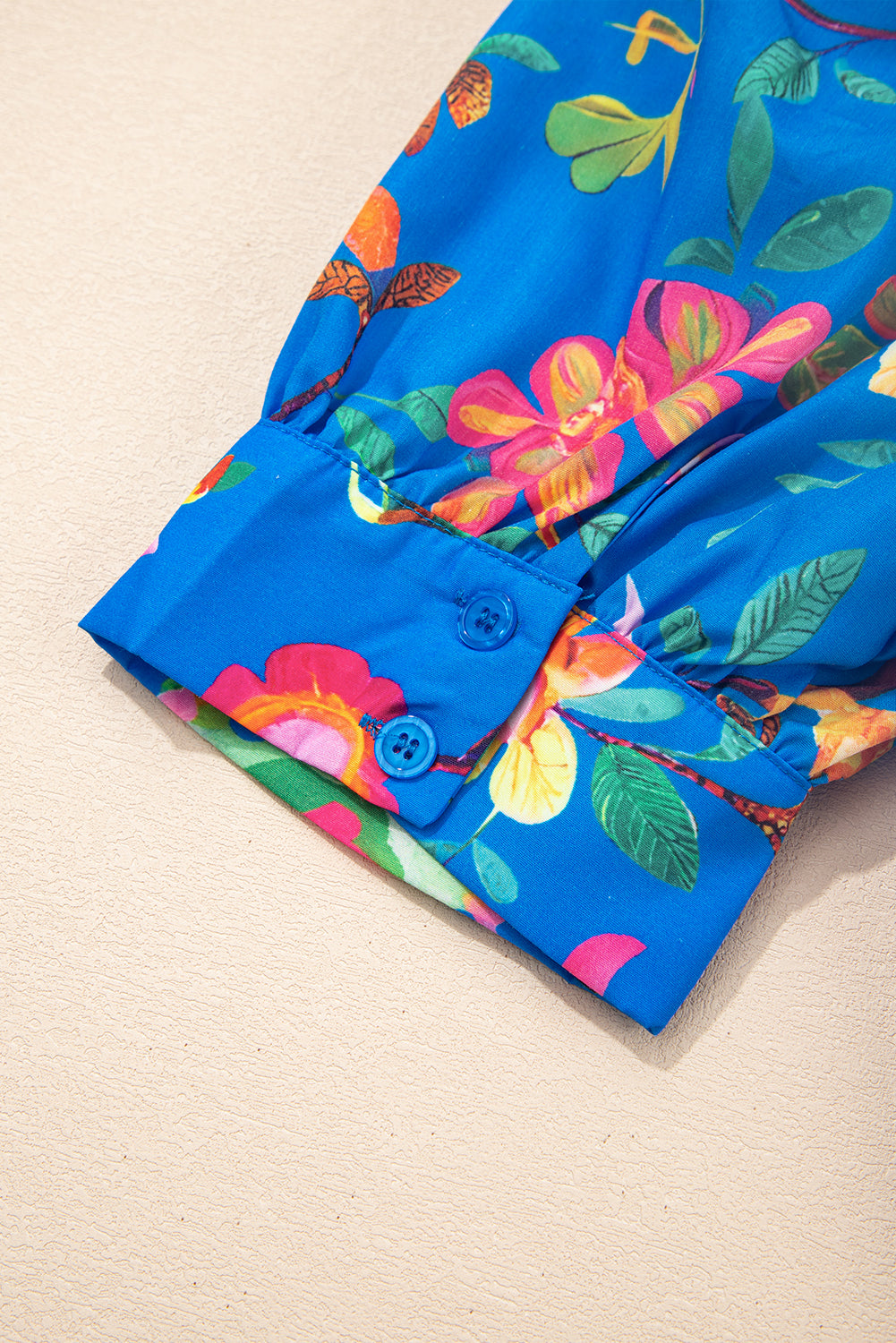 Blue Floral Short Puff Sleeve Button Up Shirt