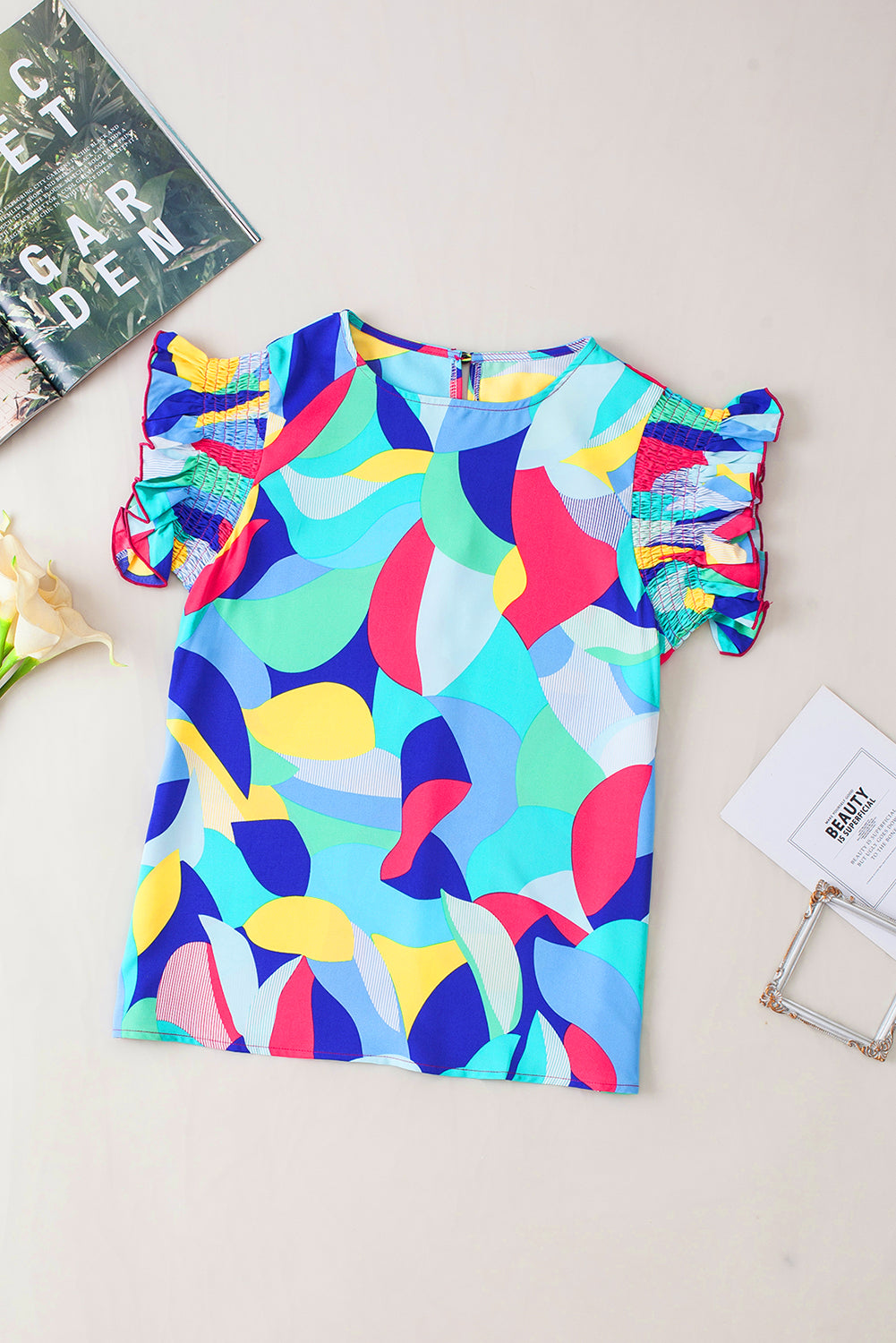 Multicolor Abstract Print Stitching Ruffle Sleeve Blouse
