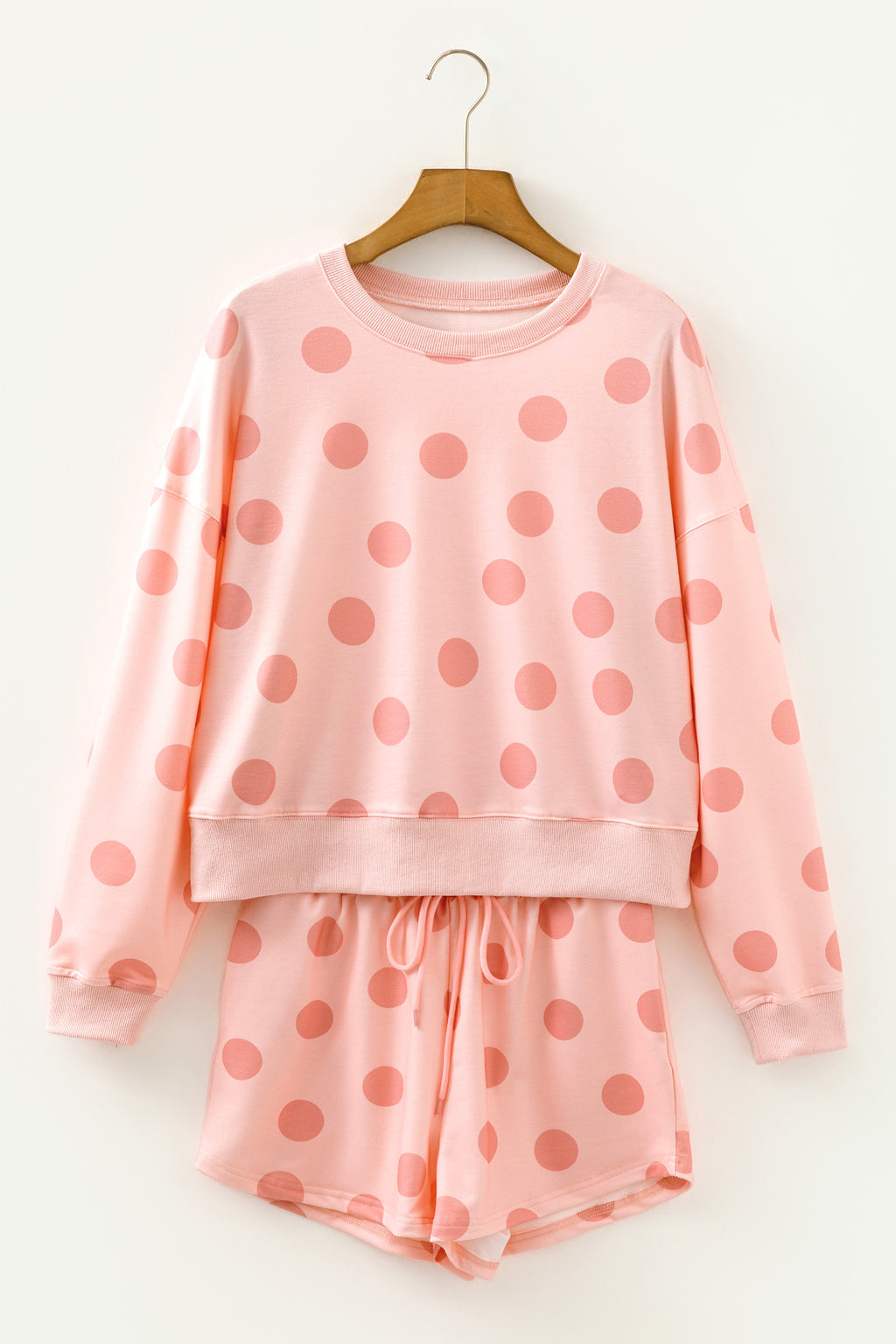 Beige Polka Dot Print Drop Shoulder Pullover Drawstring Jogger Pant Set