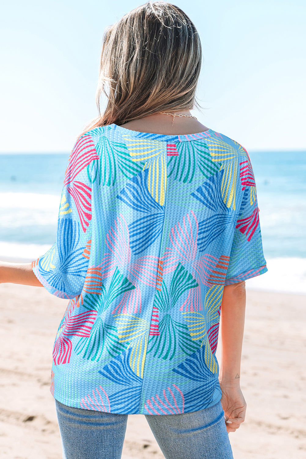 Multicolour Bowknot Printed Waffle Crewneck Loose Short Sleeve Top