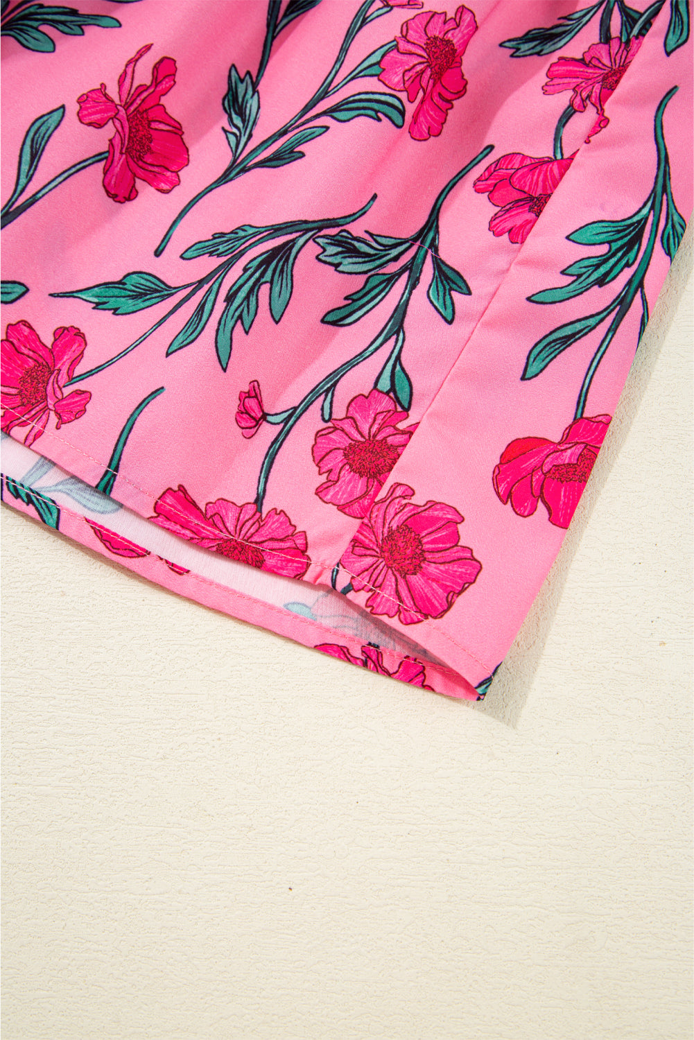 Pink Floral Contrast Neckline A-line Puff Sleeve Long Dress