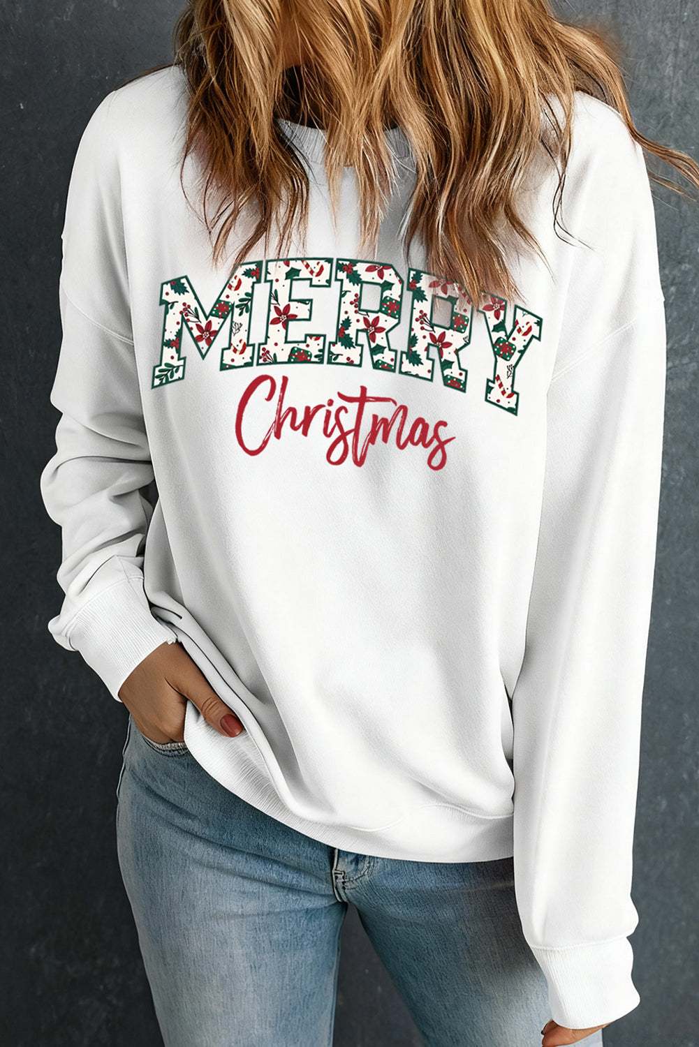 White Merry Christmas Cotton Blend Custom Graphic Sweatshirt