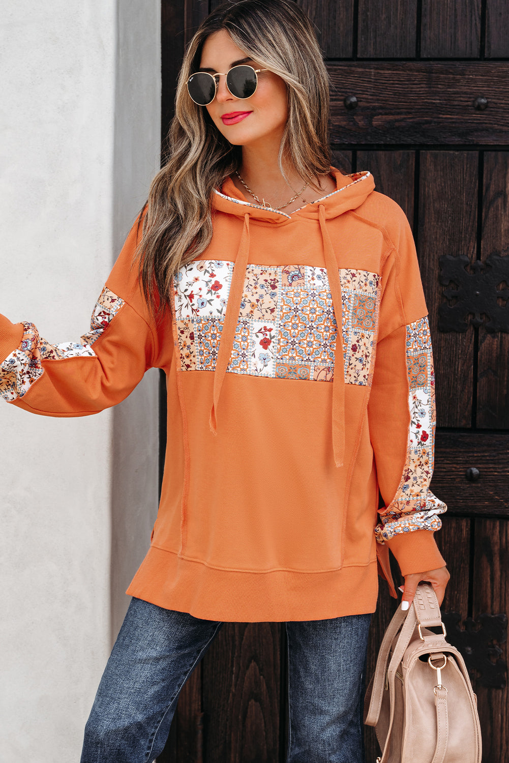 Delicacy Mix Floral Patchwork Side Slit Drawstring Hoodie