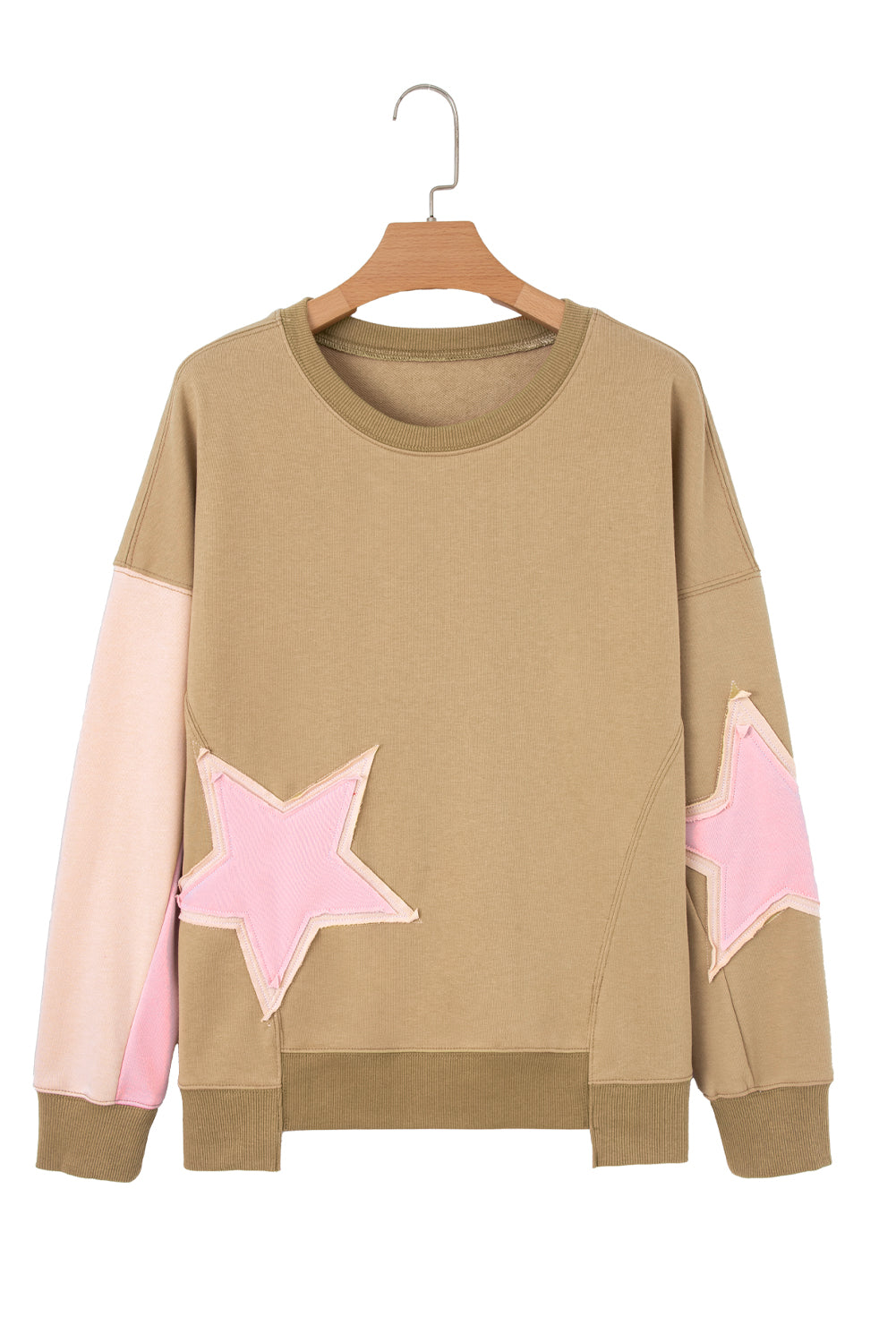 Rose Pink Contrast Star Patchwork Exposed Seam Uneven Hem Drop Shoulder Sweatshirt