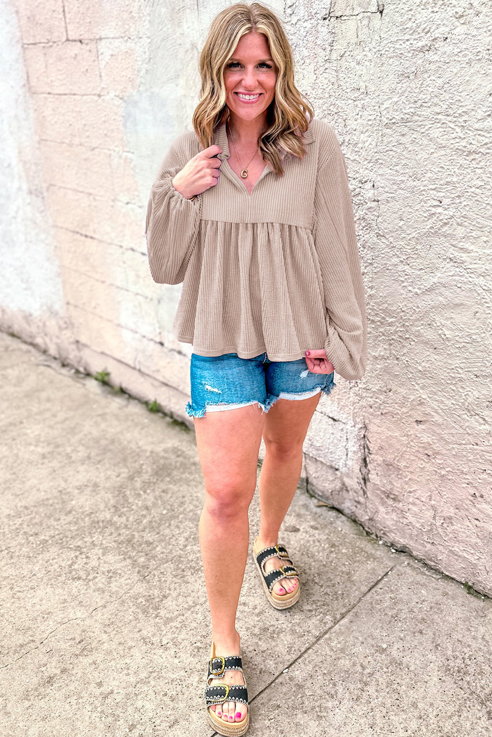Turquoise Cordrd Balloon Sleeve Collar Plus Babydoll Top